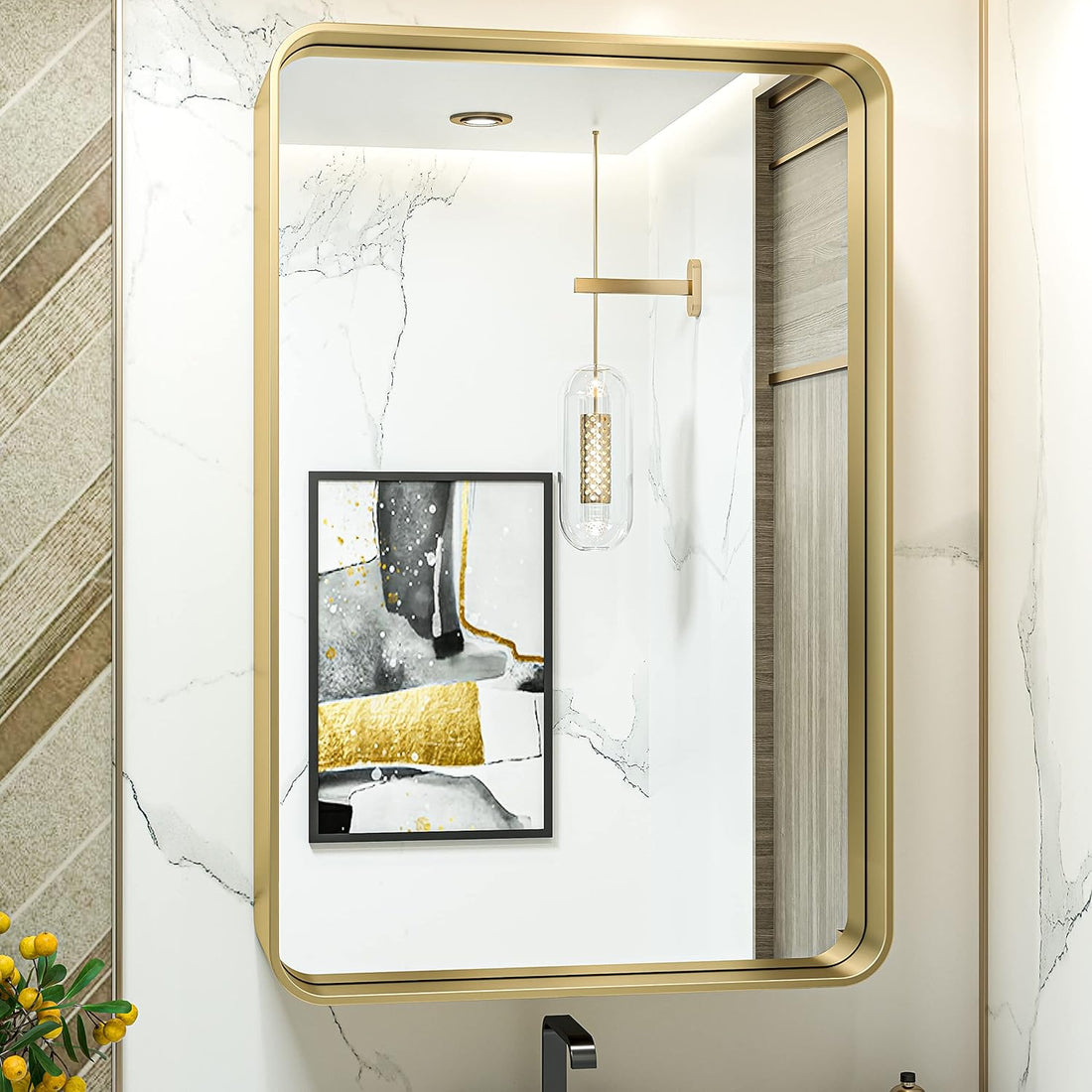 Gold Bathroom Mirror for Wall 24 X 36 Inch Metal Rounded Corner Rectangle Mirror Wall Mirror Metal Frame Deep Set Design Hangs Horizontal or Vertical Rustic Mirror