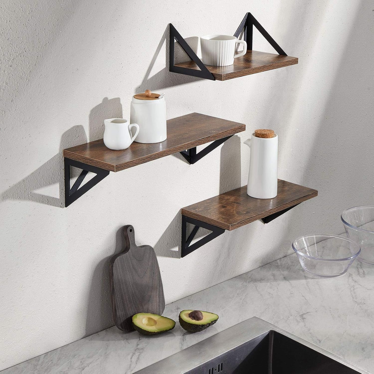 Floating Shelves for Bedroom Decor, Rustic Wood Wall Shelves for Living Room Wall Mounted, Hanging Shelving for Bathroom, Laundry Room, Small Shelf for Plants, Books(Rustic Brown,Set of 3