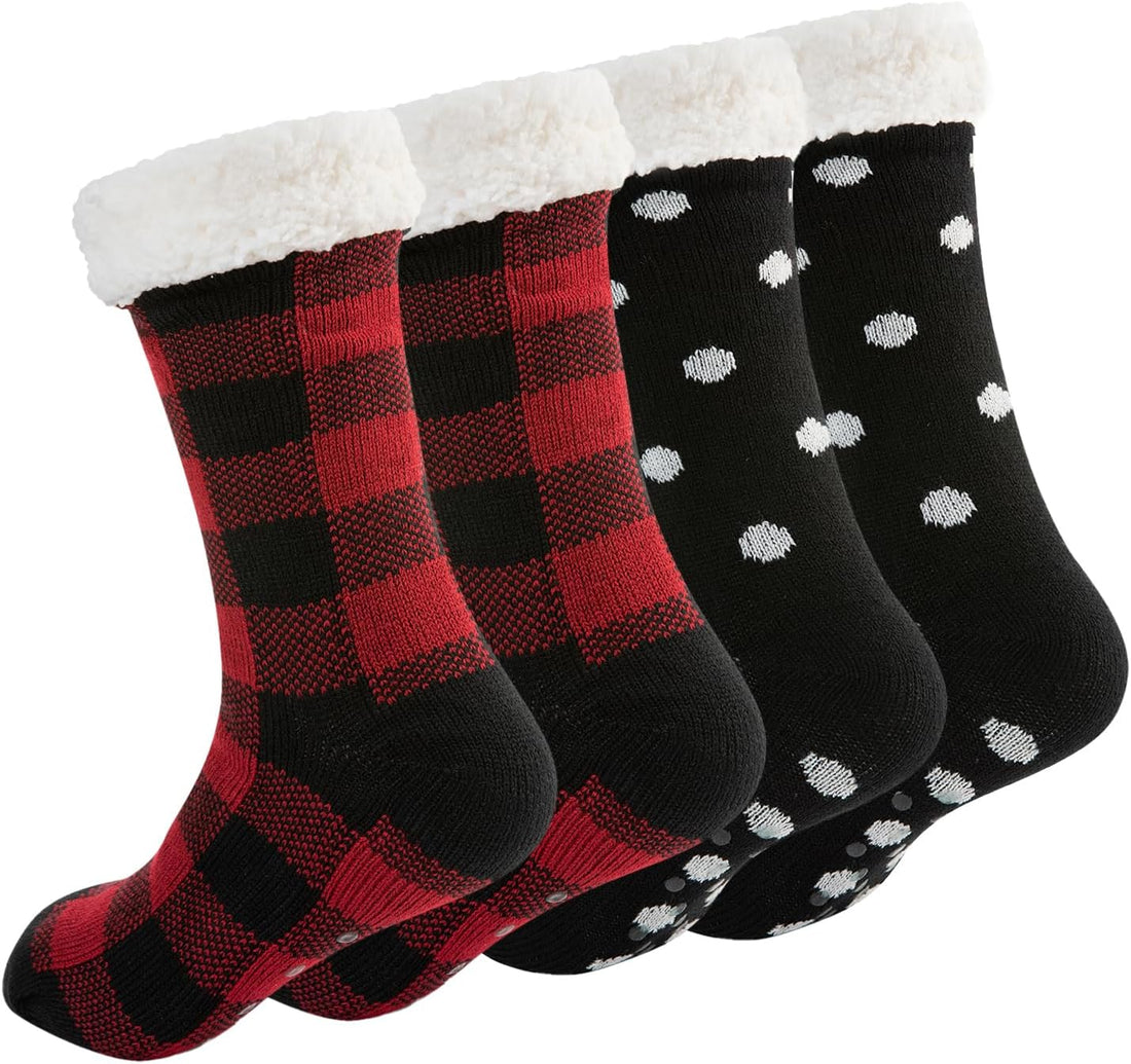 Sock Slippers for Women - 2 Pack Non Slip Socks - Fuzzy Socks Warm Socks with Grippers Sherpa Fleece Lined Thermal