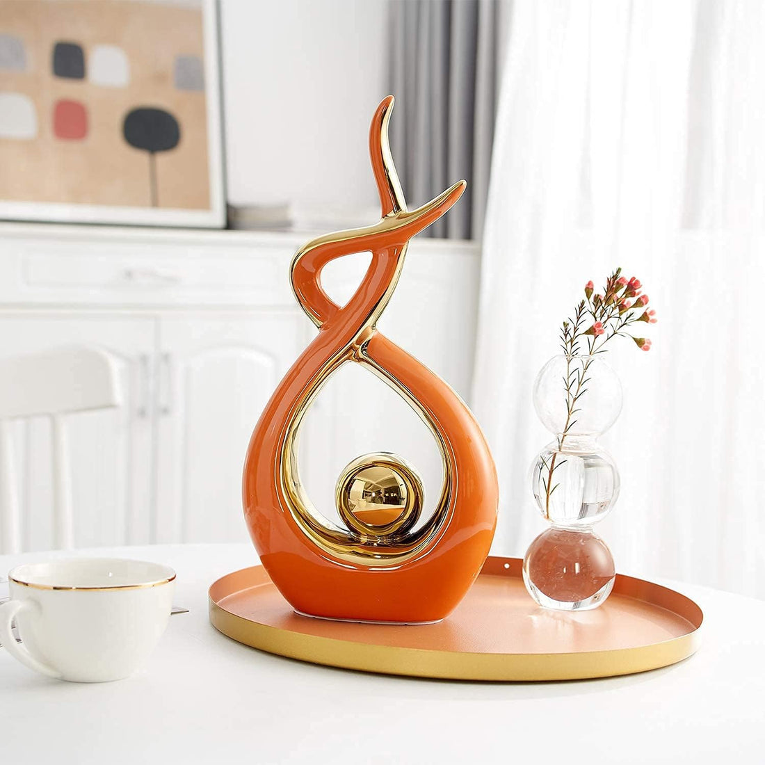 Home Decor Modern Art Ceramic Statue, Orange Coffee Table Decor, Hous Decorations for Living Room Dining Room Table Centerpiece Bookshelf - Great Gift Idea 12.2" H