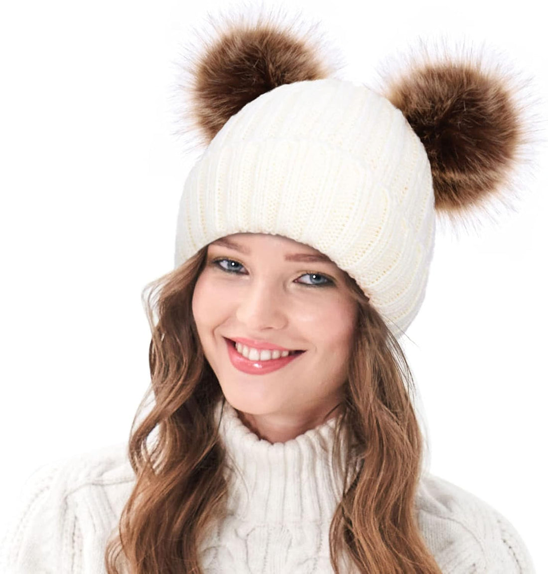 Womens Winter Hat Cable Knit Beanie for Women Faux Fur Pompom Ears