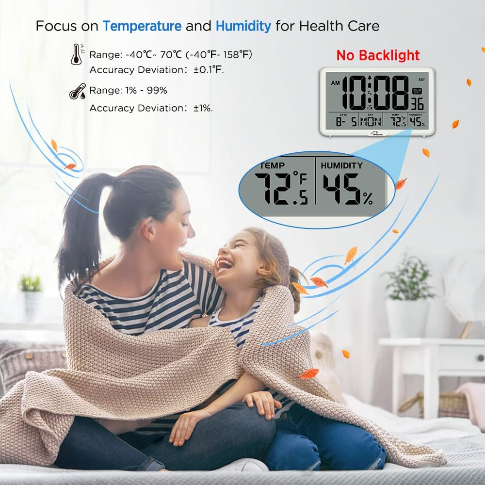 Auto Set Digital Wall Clock Battery Operated, Desk Clocks with Temperature, Humidity and Date, Large Display Digital Calendar Alarm Clock for Elderly, Bedroom, Office, 8 Time Zone, Auto DST.