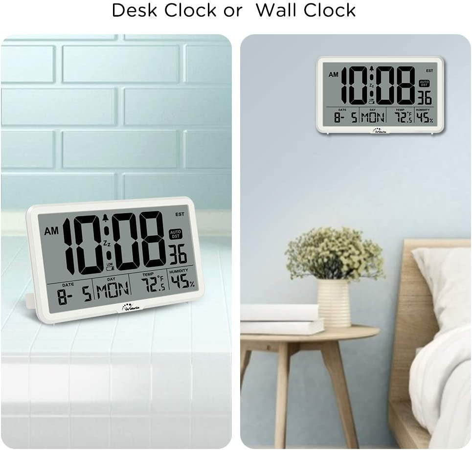 Auto Set Digital Wall Clock Battery Operated, Desk Clocks with Temperature, Humidity and Date, Large Display Digital Calendar Alarm Clock for Elderly, Bedroom, Office, 8 Time Zone, Auto DST.