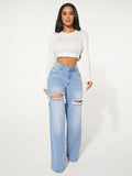 SHEIN SXY Single Button Cut Out Ripped Frayed Wide Leg Jeans