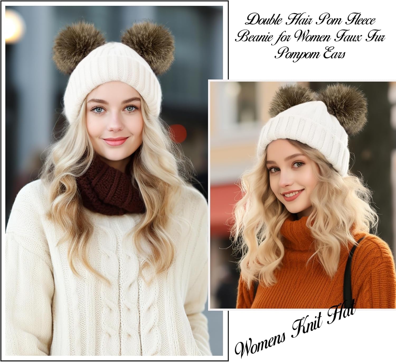 Womens Winter Hat Cable Knit Beanie for Women Faux Fur Pompom Ears