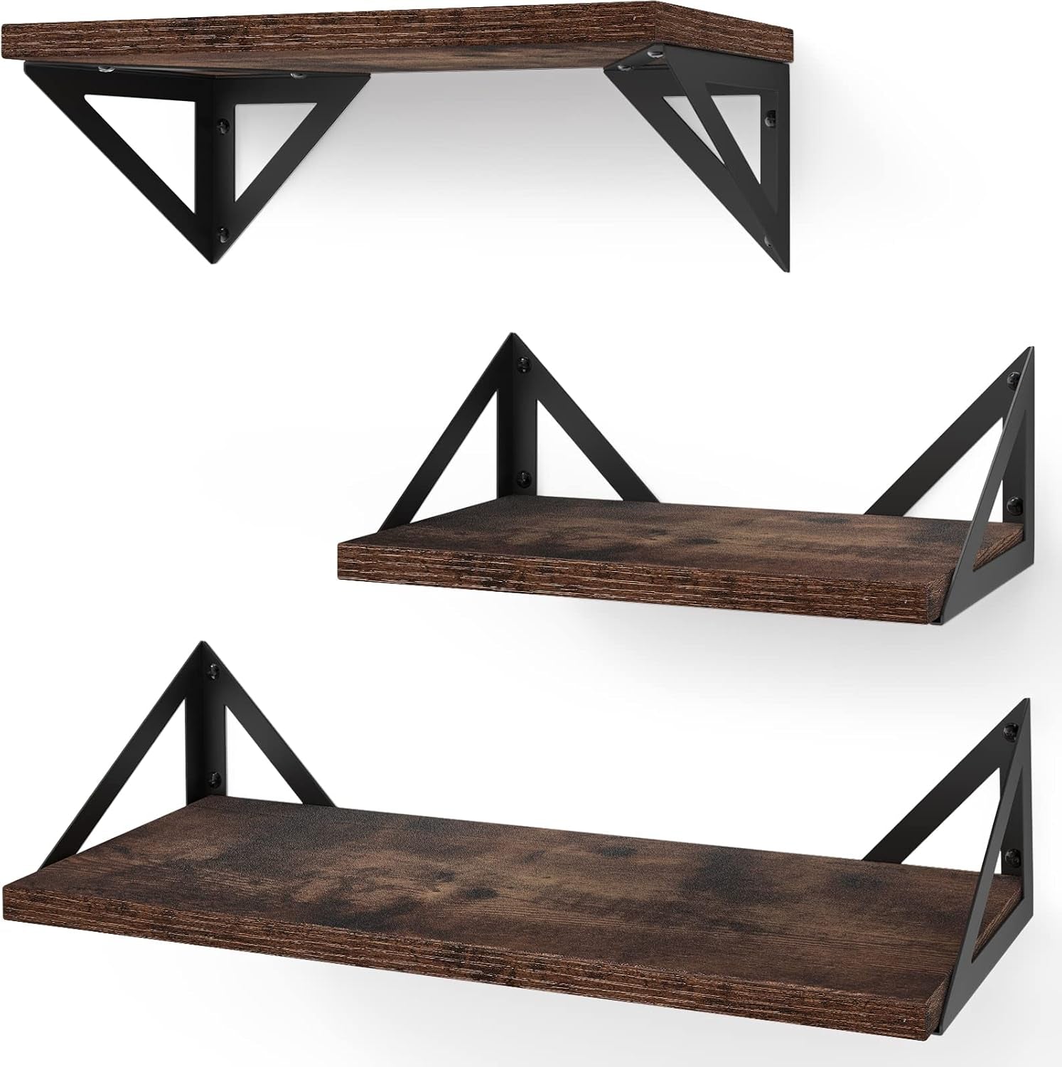 Floating Shelves for Bedroom Decor, Rustic Wood Wall Shelves for Living Room Wall Mounted, Hanging Shelving for Bathroom, Laundry Room, Small Shelf for Plants, Books(Rustic Brown,Set of 3