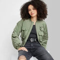 New - Wild Fable Women'S Zip-Up Cropped Winter Bomber Jacket Utility Pockets