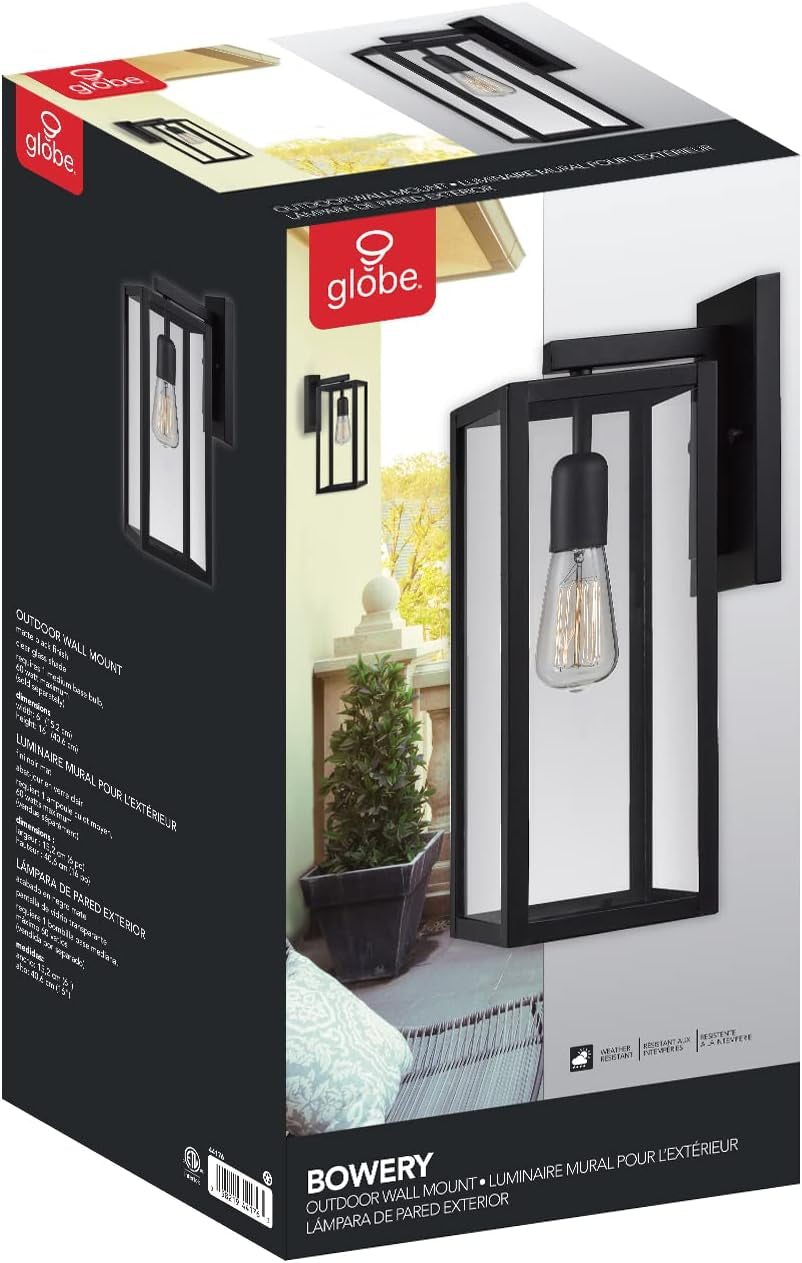 44176 Bowery 1-Light Outdoor Indoor Wall Sconce, Matte Black, Clear Glass Shade 16