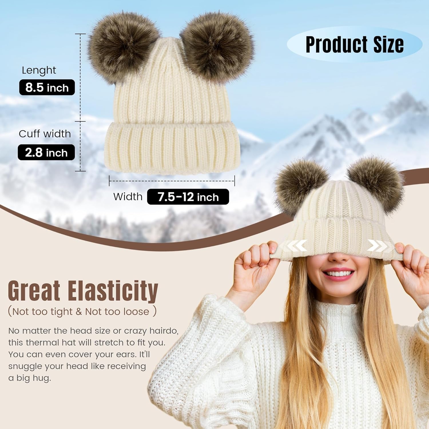 Womens Winter Hat Cable Knit Beanie for Women Faux Fur Pompom Ears